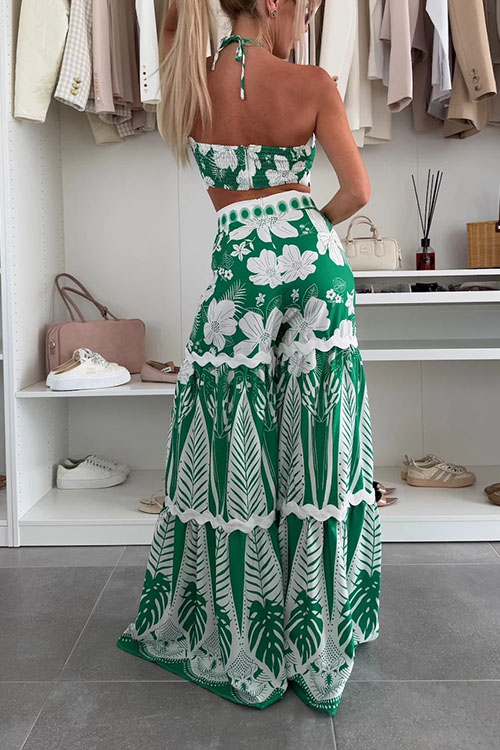 Cassie Ric Rac Trims Unique Print Halter Ring Tank and High Rise Wide Leg Pants Set-consonak