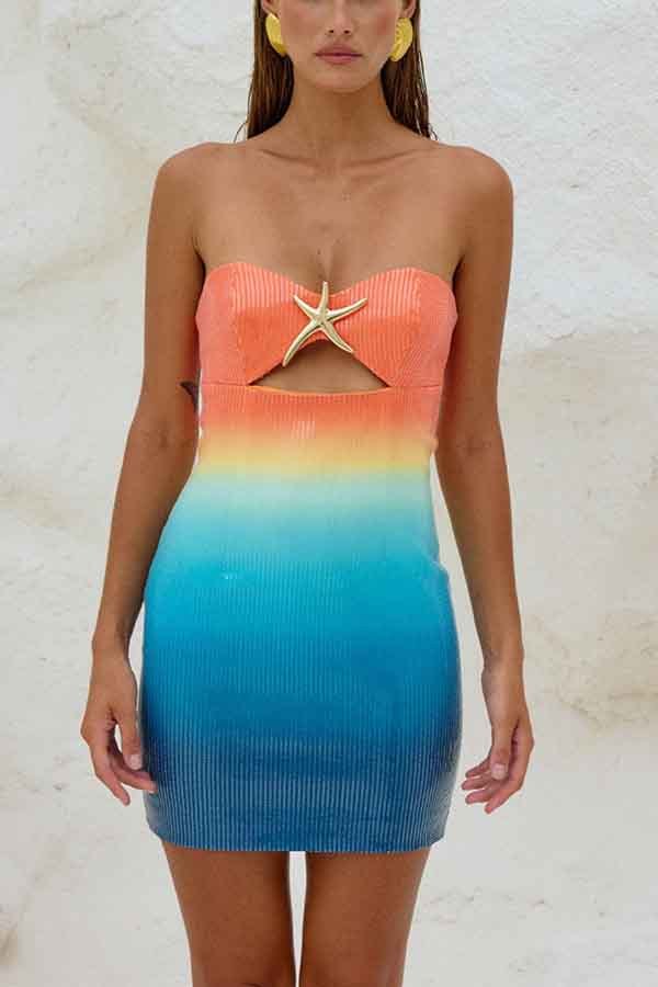 Gradient Sequin Sexy Off-the-shoulder Hollow Slim Mini Dress-consonak