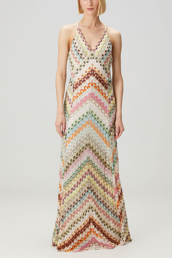 Missoni Summer Knit Colorful Herringbone Print Open Beck Maxi Dress-consonak