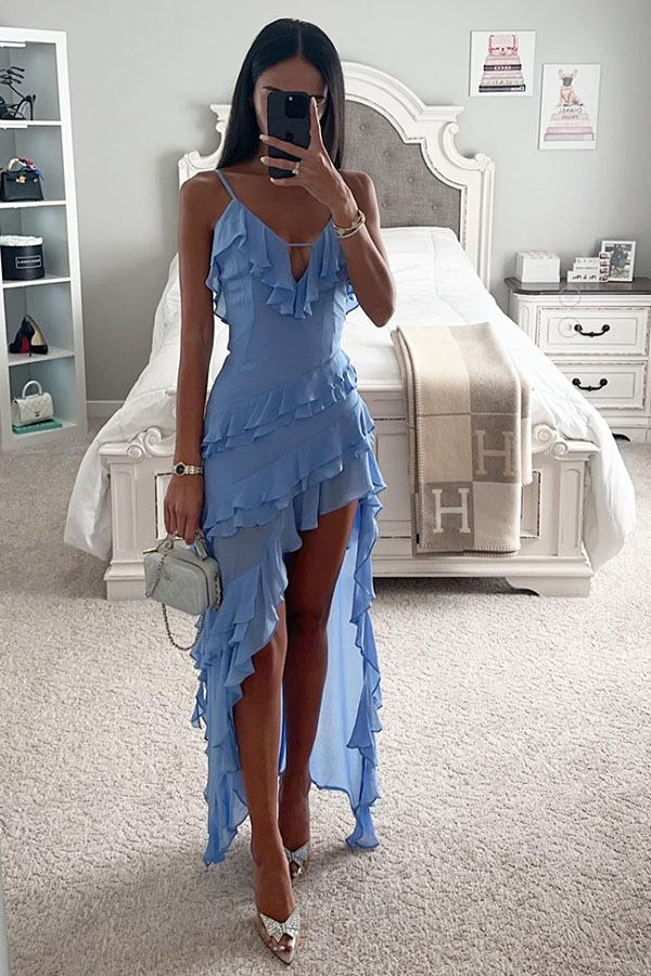 Sexy V-neck Ruffle Irregular Solid Color High Split Layered Dress | Consonak