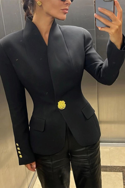 Classic Luxury Unique Metal Button Stand Collar Long Sleeve Jacket-consonak
