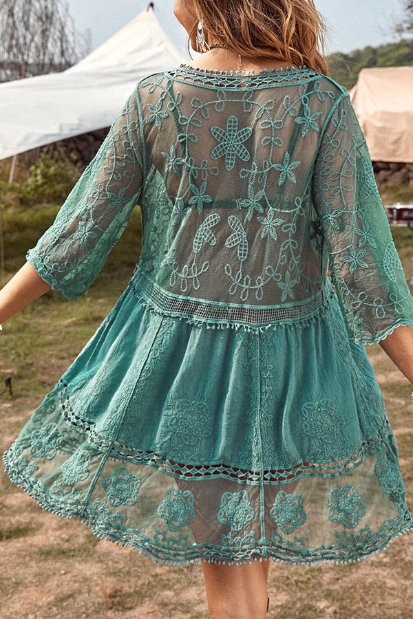 Lace V Neck Hollow Short Sleeved Cover Up-consonak