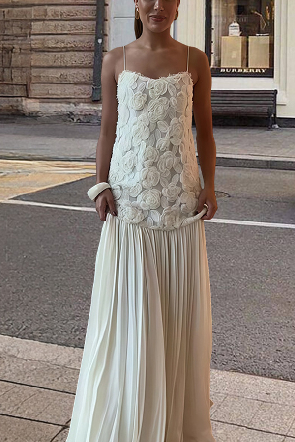 Indulge in Floral Applique Pleated Chiffon Hem Slip Maxi Dress-consonak