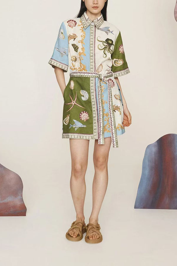 Deep Sea Dreaming Linen Blend Unique Print Tie-up Pocketed Shirt Mini Dress-consonak