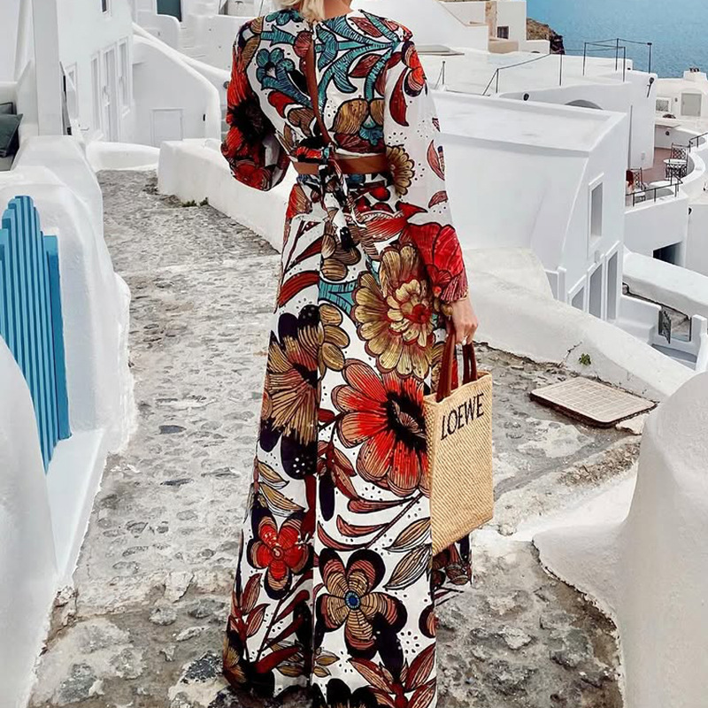 Hollow lace unique printed bell shaped sleeve crop top and lace up long skirt set-consonak