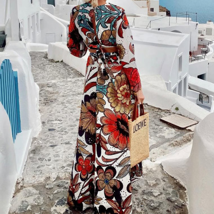 Hollow lace unique printed bell shaped sleeve crop top and lace up long skirt set-consonak