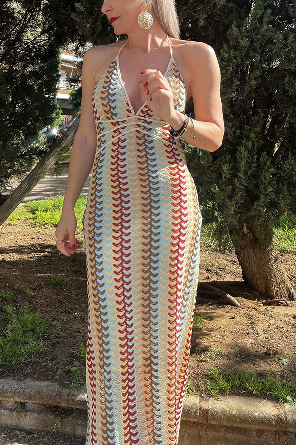 Playful Colorful Knit Holiday Style Halter Neck Maxi Dress-consonak