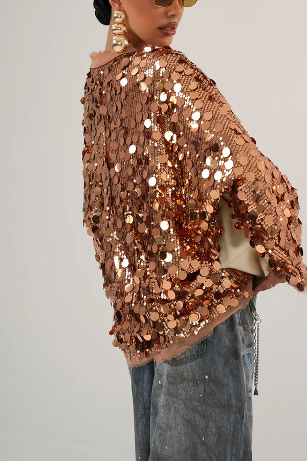 Fashion Sequined Long-sleeved V-neck Loose Lace-up Cardigan-consonak