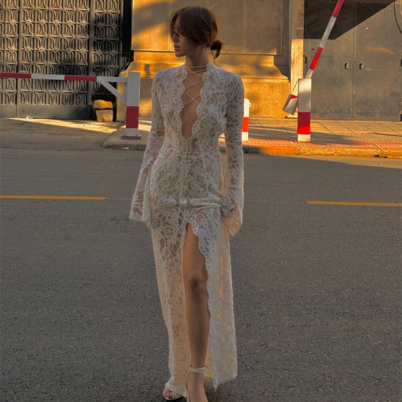 Garcelle Floral Lace Lace-up Long Bell Sleeve Slit Midi Dress-consonak