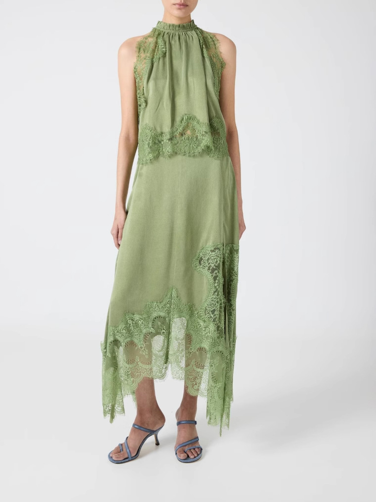 Modern Muse Satin Lace Trim Pleated Neck Top and A-line Irregular Slit Skirt Set | Consonak