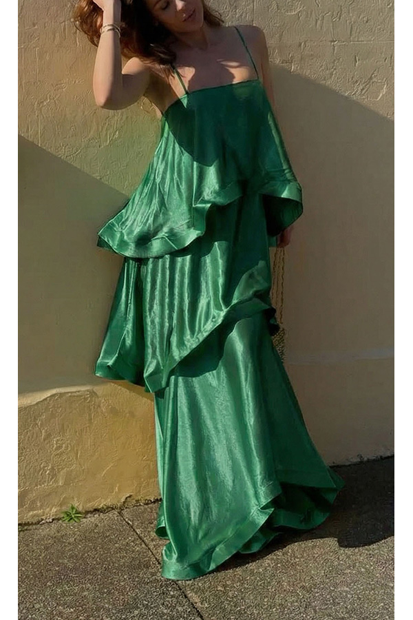 Soft and Smooth Satin Tiered Slip Square Neck A-line Maxi Dress | Consonak