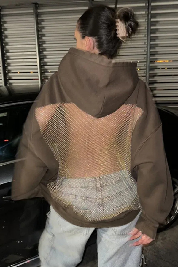 Fashionable Shiny Mesh Hollow Back Loose Long-sleeved Hooded Sweatshirt-consonak