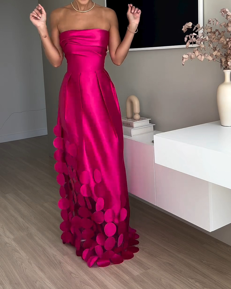 Luxurious Poise Satin Spliced mesh Polka-dot Fabric Off Shoulder Formal Maxi Dress-consonak