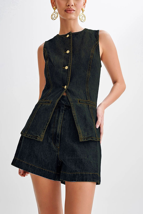 Abel Denim Button Up Princess Seams Pocket Vest Top-consonak