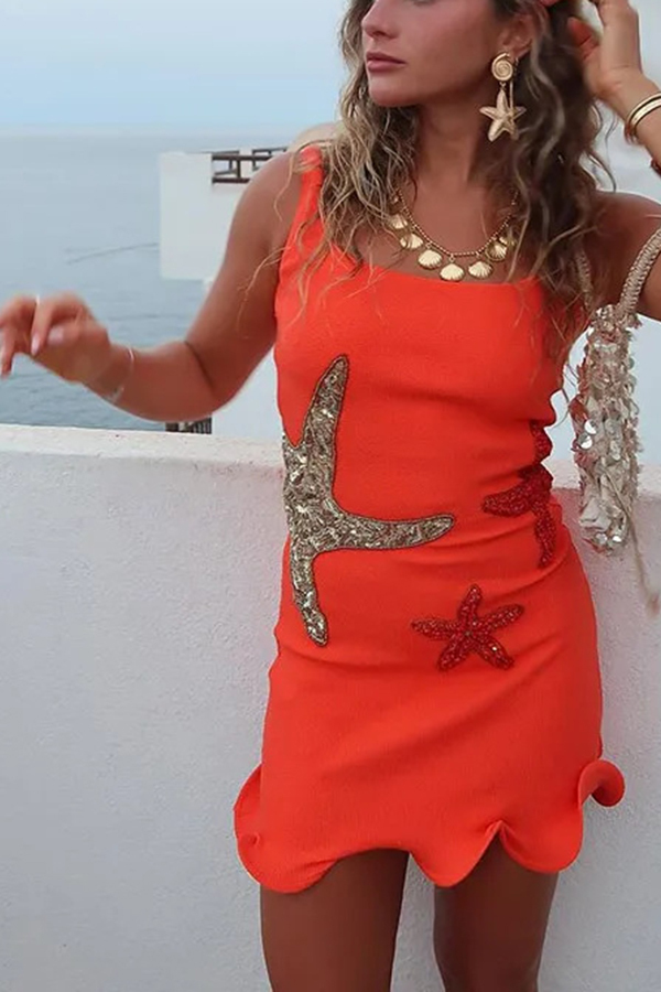 Beachside Dreams Starfish Sequin Wave Hem Stretch Tank Mini Dress-consonak