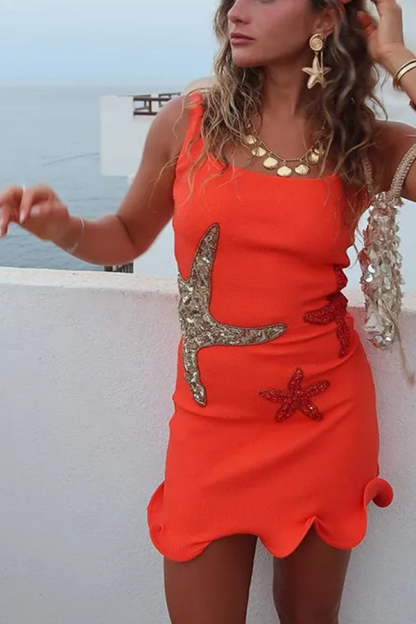 Beachside Dreams Starfish Sequin Wave Hem Stretch Tank Mini Dress-consonak