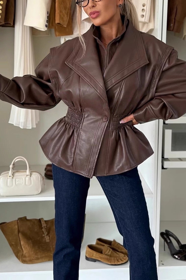 Play It Cool Faux Leather Single Button Elastic Waist Lapel Moto Jacket-consonak