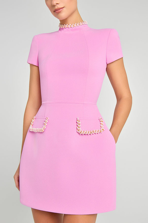 Sweet and Elegant Scent Pearl Trim Short Sleeve Pocketed Mini Dress | Consonak