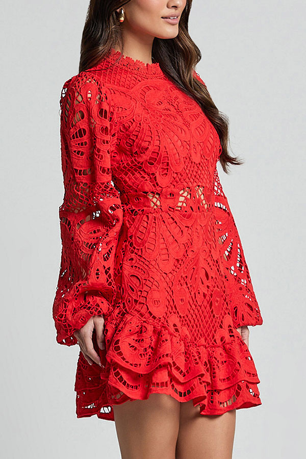 Solid Color Hollow Long-sleeved Waisted Lace Mini Dress-consonak