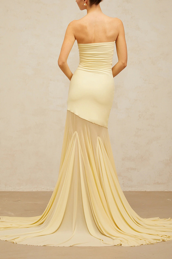 Solid Color Sleeveless Off-shoulder Mesh-paneled Fitted Maxi Dress-consonak