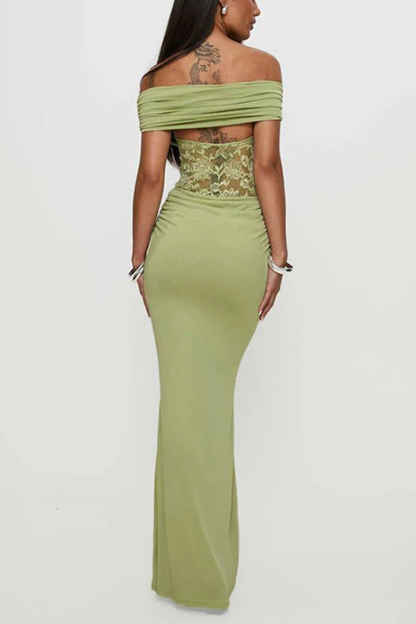 Women's Spring/Summer New Solid Color Off Shoulder Splicing Lace Extra Long Slimming Dress-consonak
