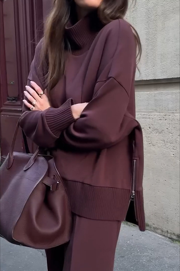 Double Soft Turtleneck Side Zipper Sweatshirt and Elastic Waist Pocketed Loose Pants Set-consonak