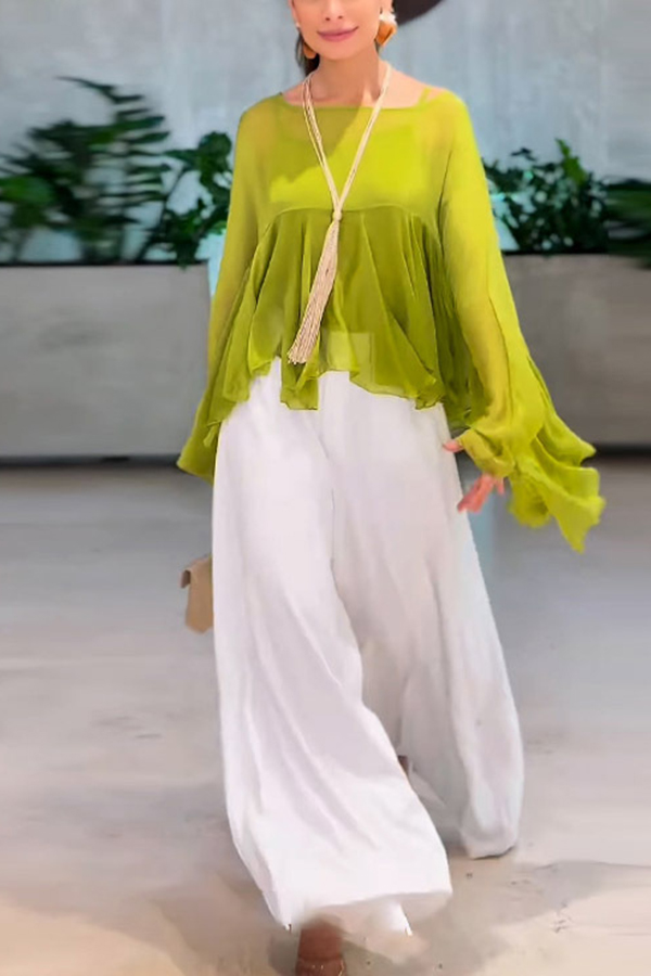 Romantic Journey Chiffon Ruffle Batwing Sleeve Top and Elastic Waist Pocket Loose Pants Set-consonak