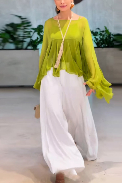Romantic Journey Chiffon Ruffle Batwing Sleeve Top and Elastic Waist Pocket Loose Pants Set-consonak