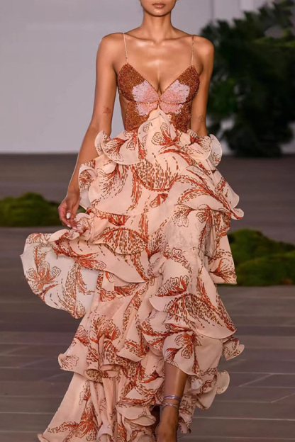 Ariae Butterfly Print Multi-layered Ruffles Backless Tie-up Maxi Dress-consonak