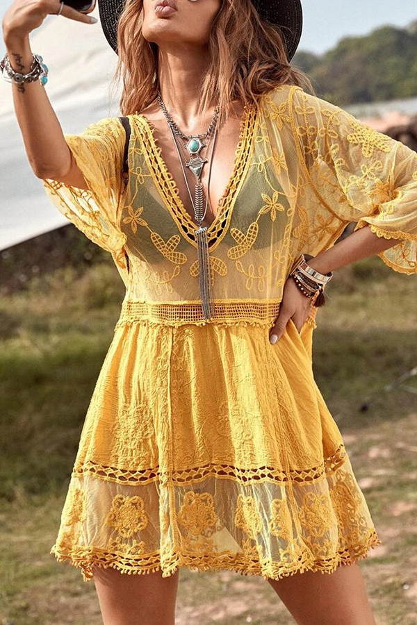 Lace V Neck Hollow Short Sleeved Cover Up-consonak