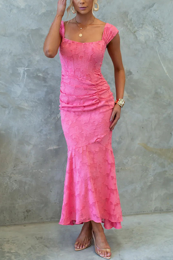 Unreal Beauty Floral Textured Material Ruched Fishtail Maxi Dress-consonak