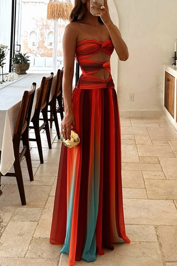 Ladies' Sunset Sexy strapless Fashion Tassel Printed Twisted Hollow Off Shoulder Vacation Long Dress-Consonak