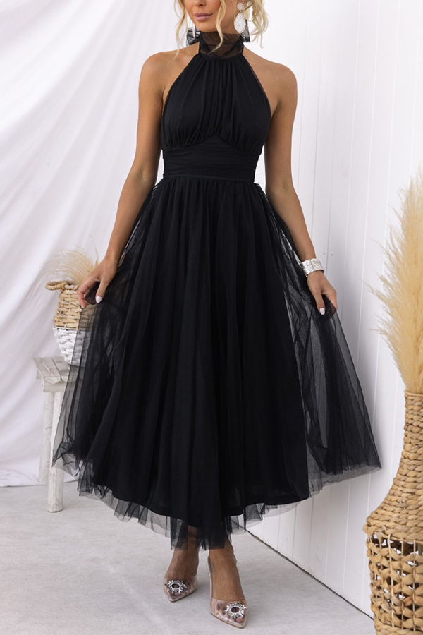 Fairy Vibes Tulle Gathered Detail Halter Maxi Dress-consonak