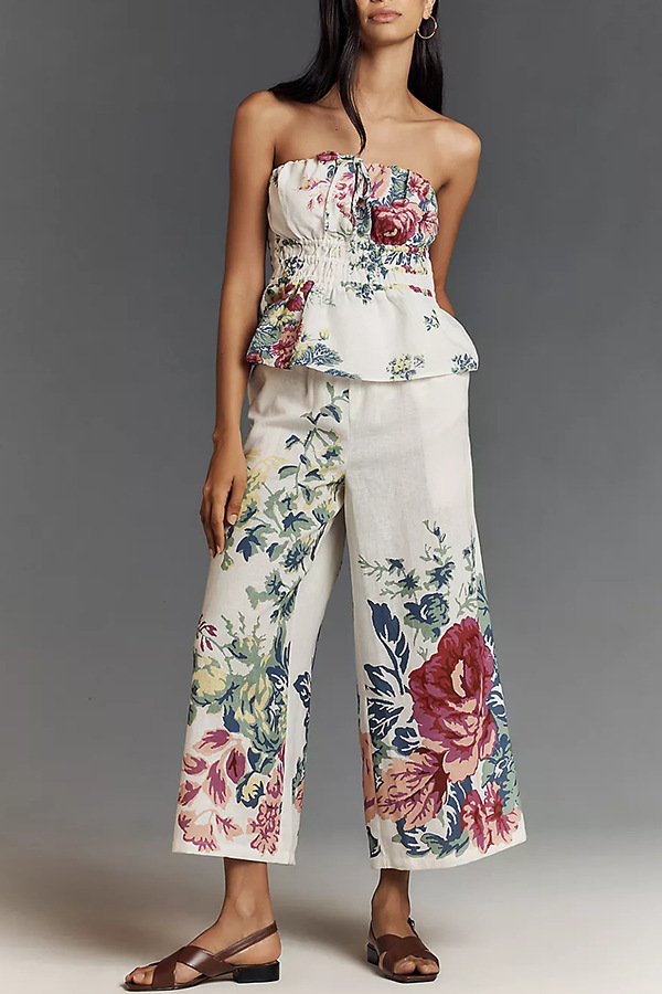 In To The Summer Linen Blend Floral Print Elastic Bandeau and Elastic Waist Pocket Loose Pants Set-consonak