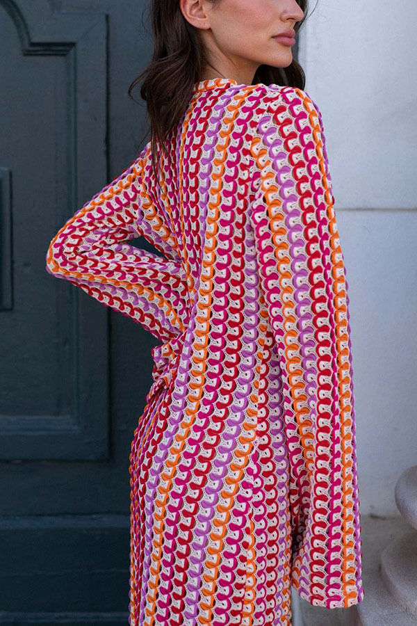 Eleanor Knit Colorful Wave Unique Print Shirt U-neck Long Sleeve Slit Maxi Dress-consonak