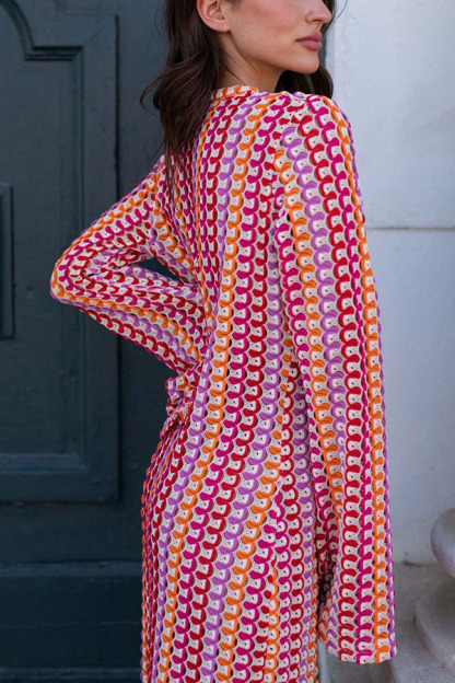 Eleanor Knit Colorful Wave Unique Print Shirt U-neck Long Sleeve Slit Maxi Dress-consonak