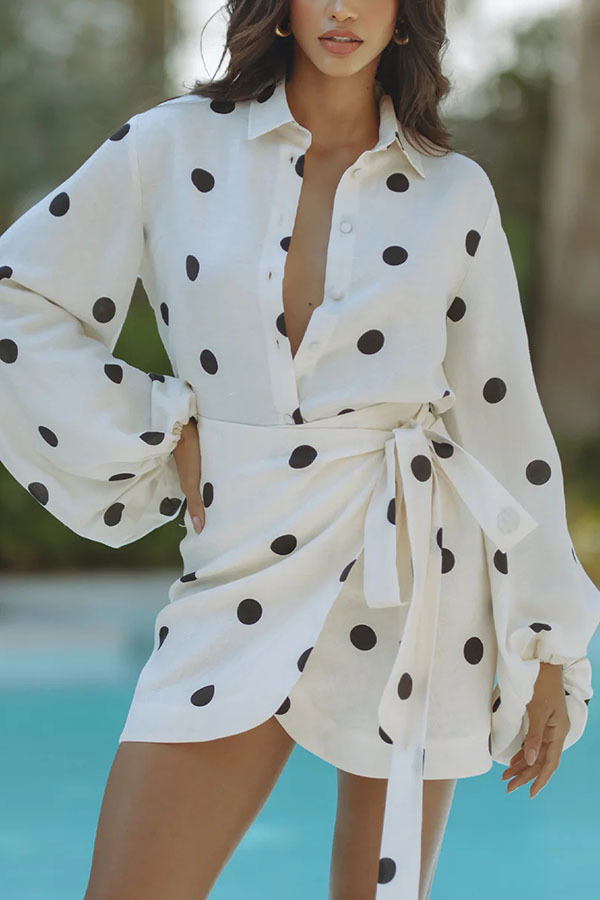 Effortlessly Linen Blend Polka Dot Balloon Sleeve Blouse and Wrap Tie-up Loose Mini Skirt Set-Consonak