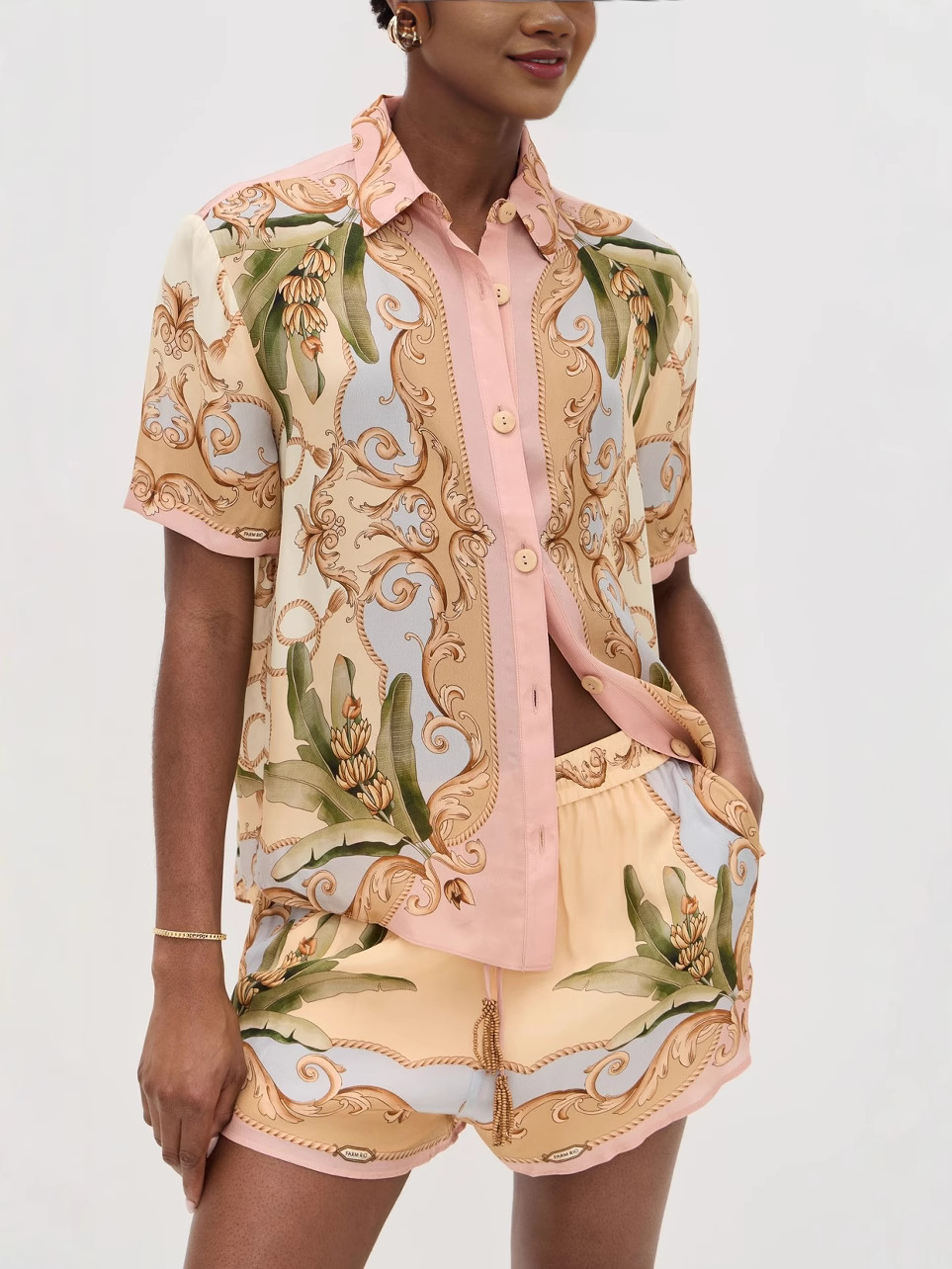 Royalty Unique Print Button Up Short Sleeve Shirt and Elastic Waist Pocketed Loose Shorts Set-consonak