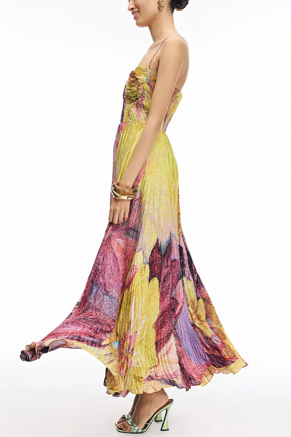 Vibrant and Bold Floral Print Sweetheart Neck Pleated Maxi Dress | Consonak