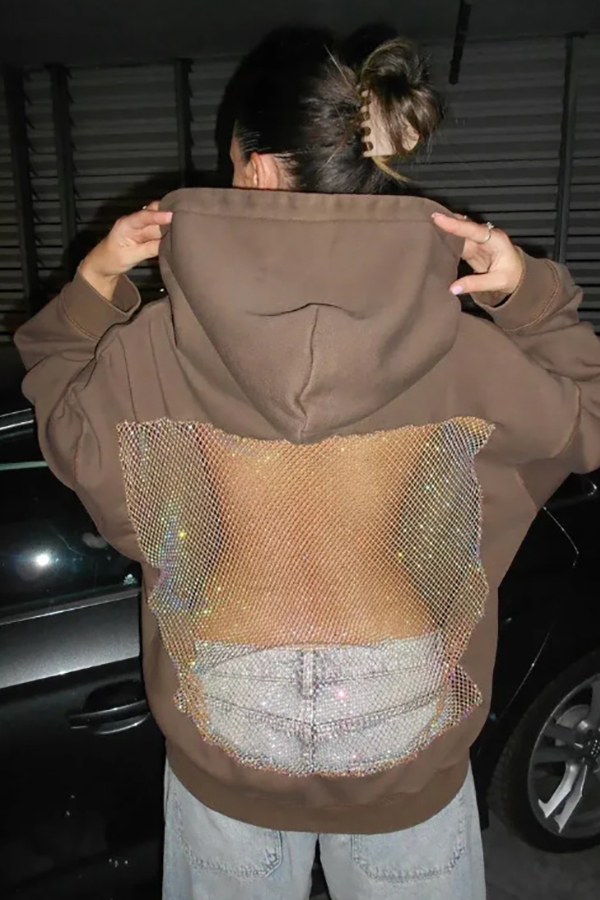 Fashionable Shiny Mesh Hollow Back Loose Long-sleeved Hooded Sweatshirt-consonak