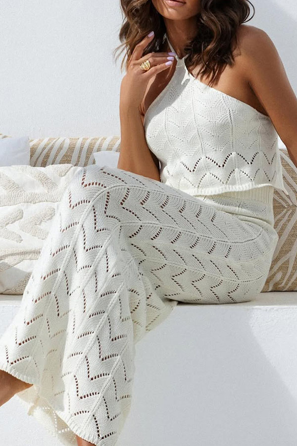 Solid Knit Hollow Halter Top and Stretch Fit Maxi Skirt Set-consonak