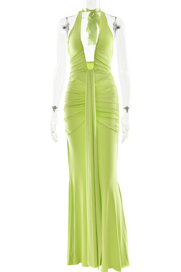 Solid Color Elegant Halterneck V-neck Open Back Tie Gathered Maxi Dress-consonak