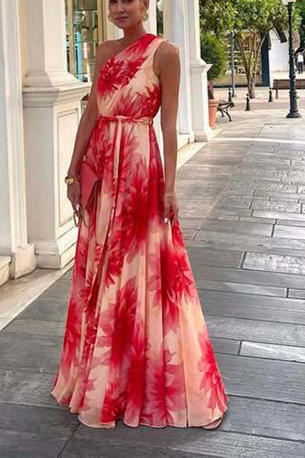 Floral Print One Shoulder Waist Tie Full Hem Resort Style Maxi Dress-consonak