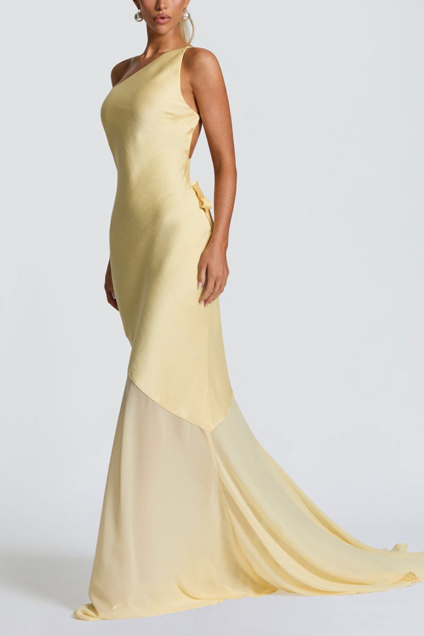 Fable Satin One Shoulder Back Adjustable Straps Contrast Chiffon Hem Maxi Dress-consonak