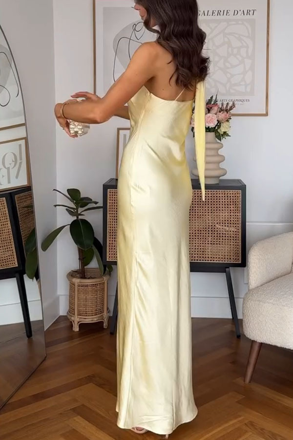 Milk white sexy party dress elegant satin one shoulder scarf long skirt | Consonak