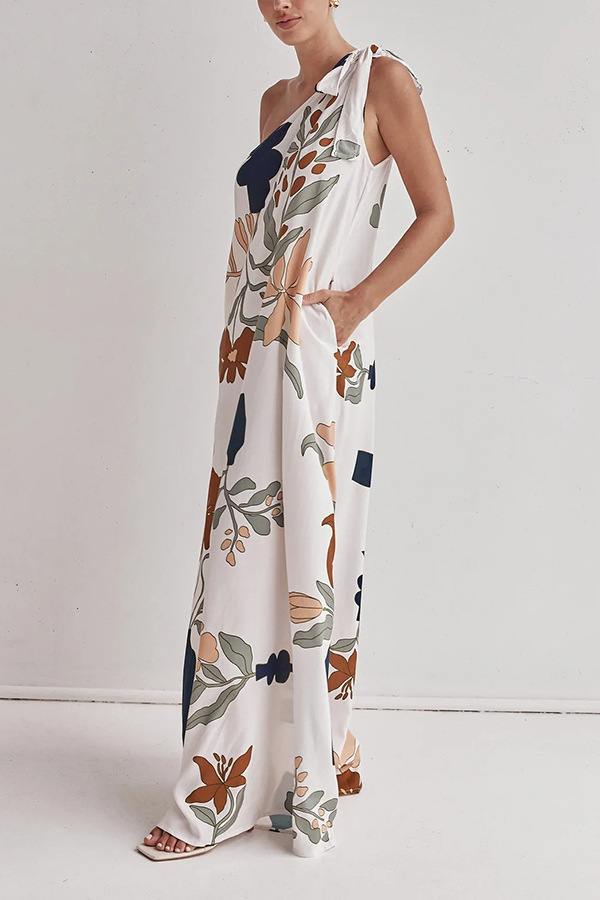 Matches The Vacation Unique Print One Shoulder Tie-up Pocketed Loose Maxi Dress | Consonak