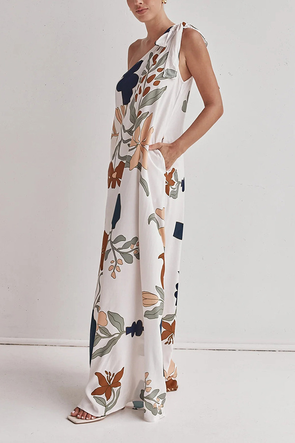 Matches The Vacation Unique Print One Shoulder Tie-up Pocketed Loose Maxi Dress-consonak