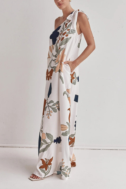 Matches The Vacation Unique Print One Shoulder Tie-up Pocketed Loose Maxi Dress-consonak
