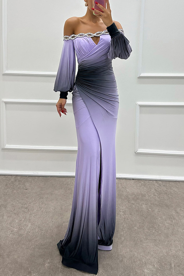 Julieta Gradient Print Boat Neck Off Shoulder Gem Detail Slit Gown Maxi Dress | Consonak