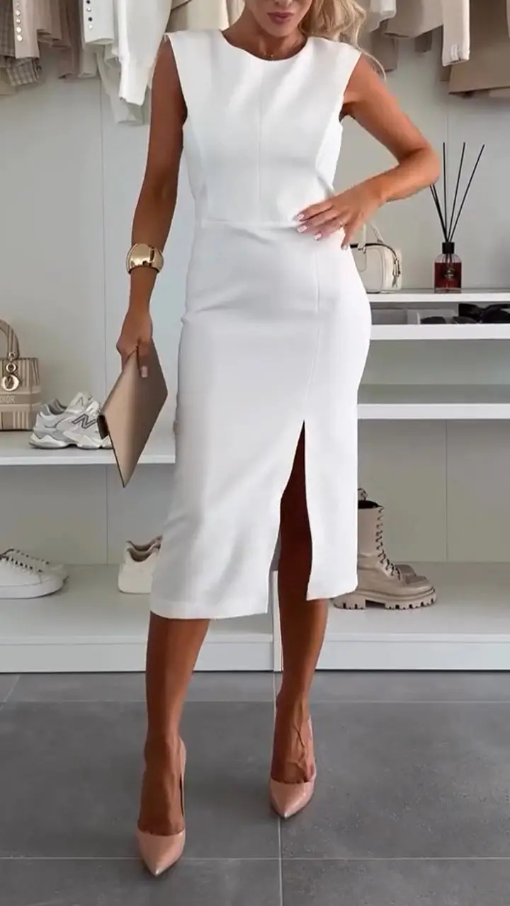 Charming Lady Solid Color Round Neck Sleeveless Waisted Slit Stretch Midi Dress | Consonak